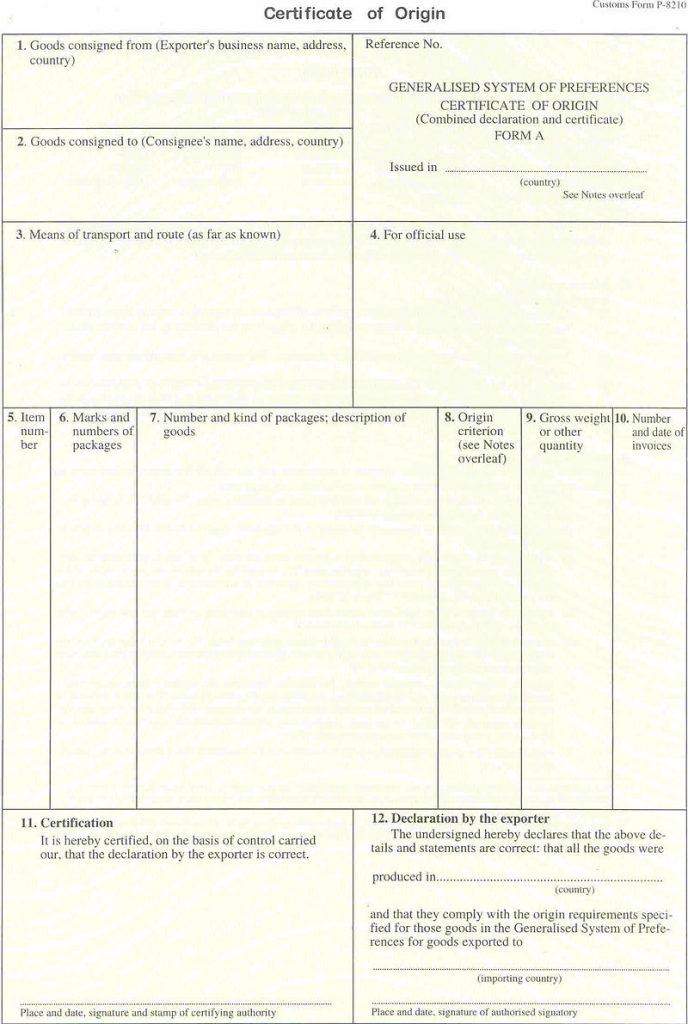 Mẫu chứng nhận xuất xứ mẫu A