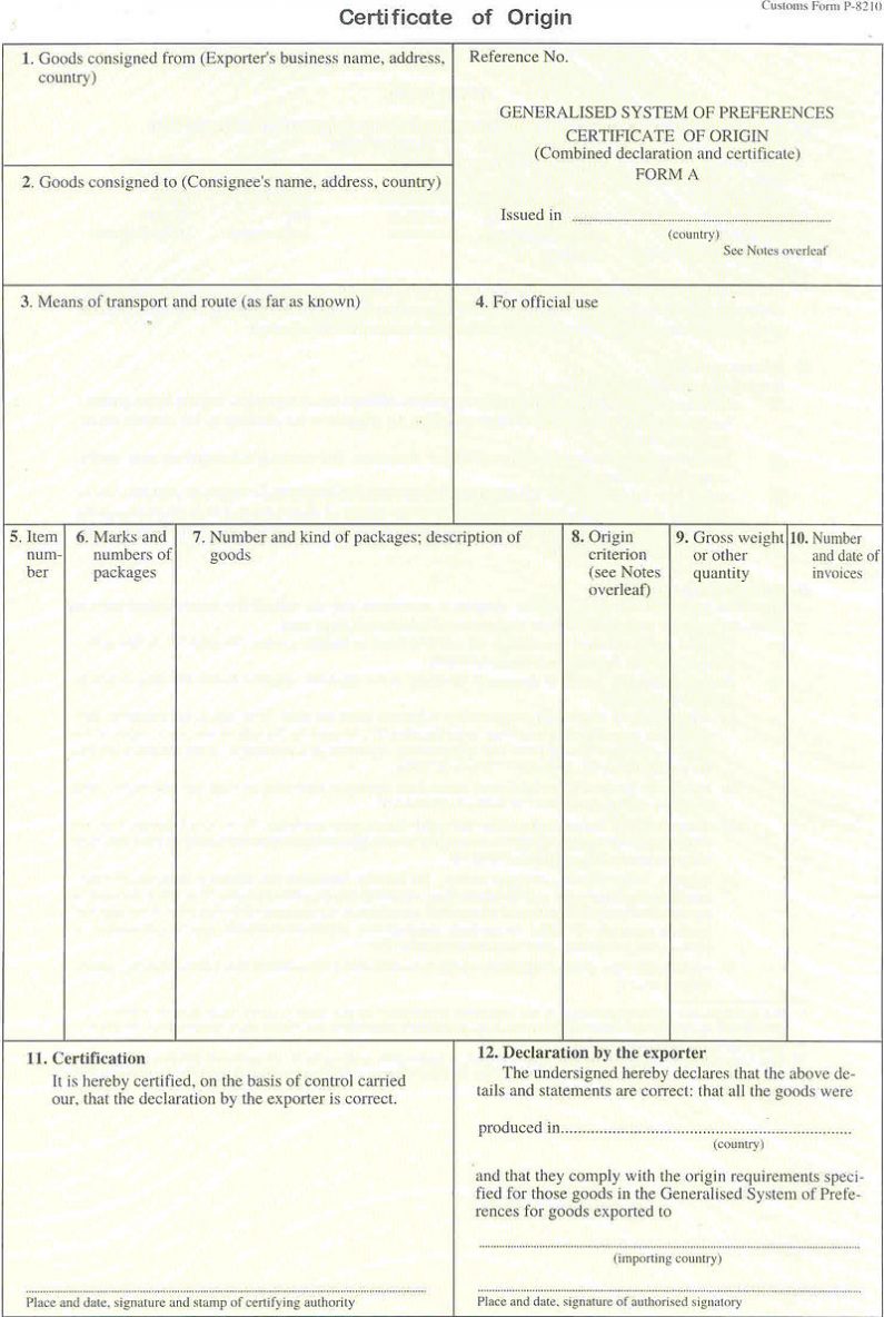 Mẫu chứng nhận xuất xứ mẫu A